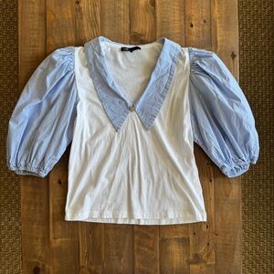 Maje White and Blue Puff Sleeve Top